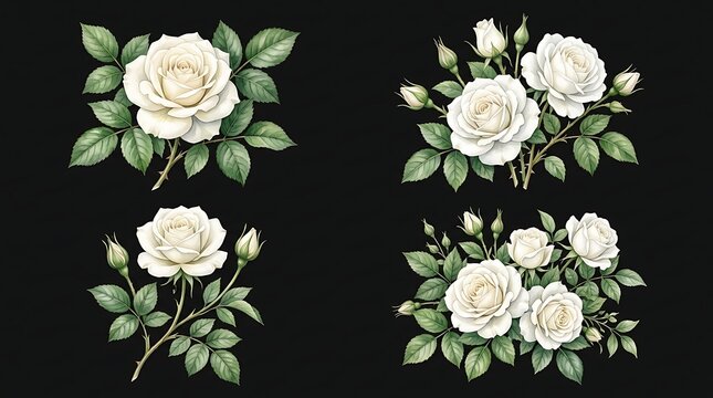 Set of beautiful white rose illustrations