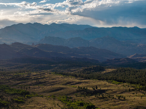 Aerial view of the rugged Rocky Mountains featuring rolling hills, dense pine forests, and dramatic clouds under golden hour light in Colorado, United States.