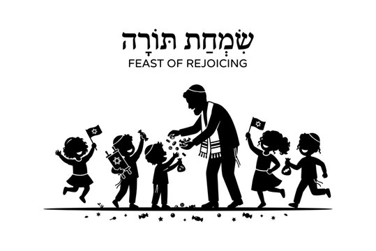 Happy jewish people celebrating simchat torah with children dancing and man giving sweets in black silhouette Vector
