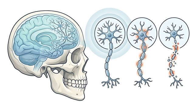 Human brain and neuron degeneration illustration