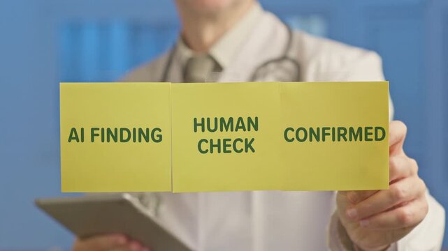 Medical professional with a tablet confirming a diagnosis suggested by artificial intelligence, highlighting the synergy between technology and human expertise in modern healthcare diagnostics