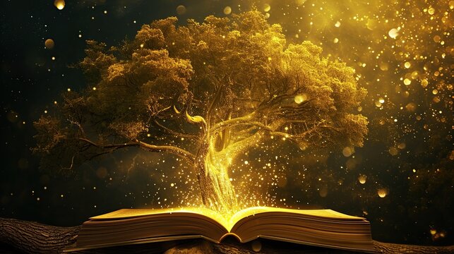 Magical Golden Tree of Life Growing out of an Open Ancient Book with Glowing Ethereal Light, Sparkling Dust, and Bokeh Background, Representing Wisdom, Knowledge, and Spiritual Growth