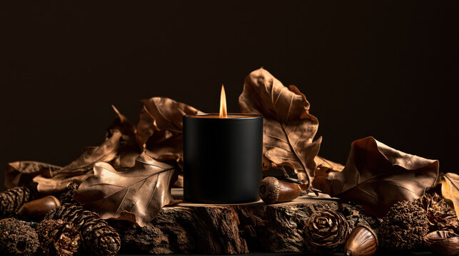 Autumn candle flame black candle dried leaf pine cone wood slice cozy decor warm light fall still life scene