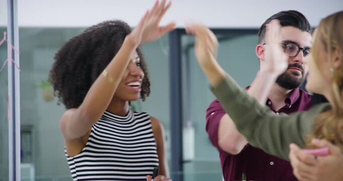High five, team and board with business people in office for research, planning or survey report. Brainstorming, consumer insight and collaboration with employees in agency for success and target