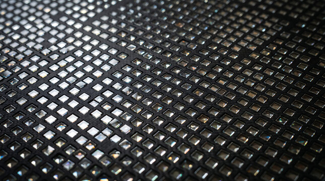 Abstract background featuring square glass prisms inlaid in textured black carbon fiber surface in perspective view
