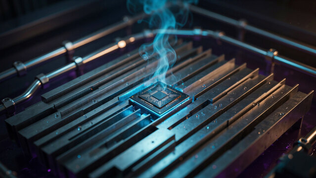 A central computer processor chip emitting blue smoke while mounted on a metallic heat sink with parallel cooling fins in a dark environment