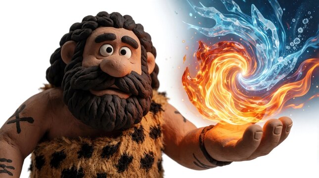 Claymation caveman holds swirling fire and ice elements. Primitive man shows contrast between ancient magic and modern tech concept. Evolution idea.