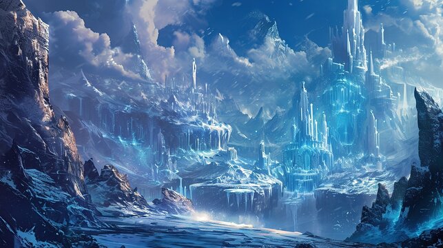 Majestic Fantasy Frozen Landscape Featuring Towering Ice Castles and Shimmering Glacial Formations Nestled Within a Cold Snowy Mountain Range Under a Dramatic Cloudy Sky and Glowing Light