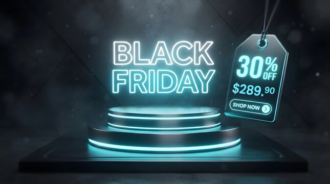 Black friday neon sign above a dark metallic podium with a 30 percent off price tag, professional 3d product display for retail sales