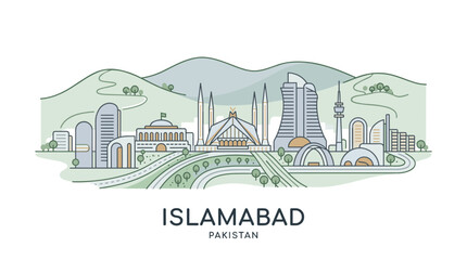 Obraz premium Stylized illustration of Islamabad cityscape featuring iconic landmarks and rolling hills in a minimalist aesthetic