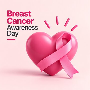 Pink heart icon wrapped by a satin awareness ribbon for breast cancer awareness month on a soft
