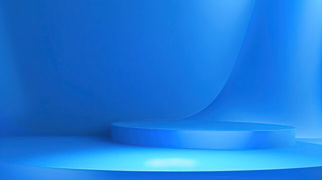 Minimalist 3D Pedestal for Product Presentation in a Blue Studio Background with Soft Gradient Lighting, Abstract Curved Walls, and Empty Space for Mockups and Professional Advertising Displays