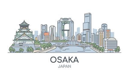 Obraz premium Stylized illustration showcasing Osaka's skyline blending historical castle with modern skyscrapers in Japan