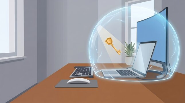 Digital Illustration Cyber Security Shield Protecting Laptop Computer Workstation Background Concept