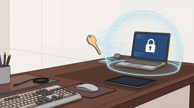Digital Illustration Cybersecurity Laptop Shield with Access Key Protection Concept
