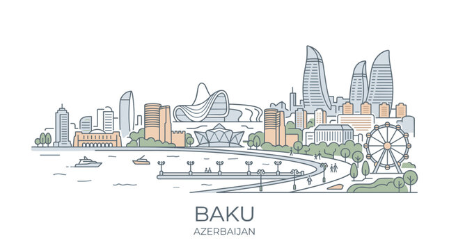 Minimalistic Line Art Illustration of Baku Cityscape with Modern Architecture and Waterfront Views in Azerbaijan