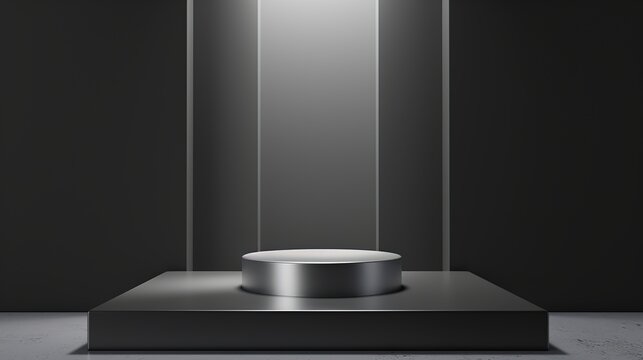 Minimalist Silver Cylinder Pedestal Podium on Rectangular Base for Premium Product Presentation Featuring Elegant Vertical Spotlights and Dark Abstract Studio Background 3D Illustration