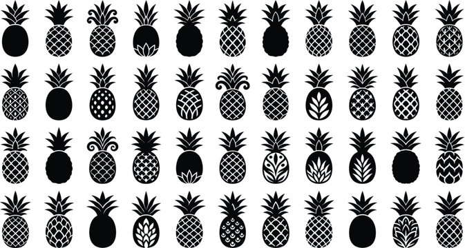 Black pineapple silhouette pattern collection with tropical fruit designs arranged