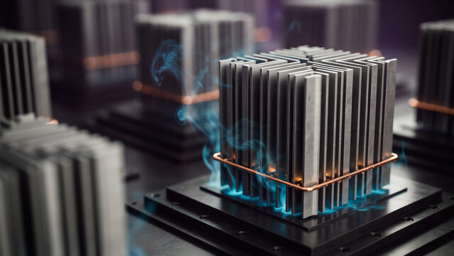 A metallic heat sink block with vertical fins wrapped in a copper wire coil emitting blue smoke and glowing light on a dark industrial base plate