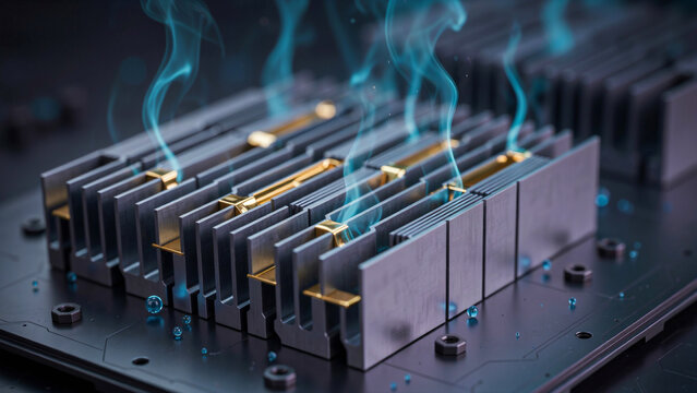 A metallic heat sink with gold connectors and parallel cooling fins emitting wisps of blue smoke and small glowing particles in the dark