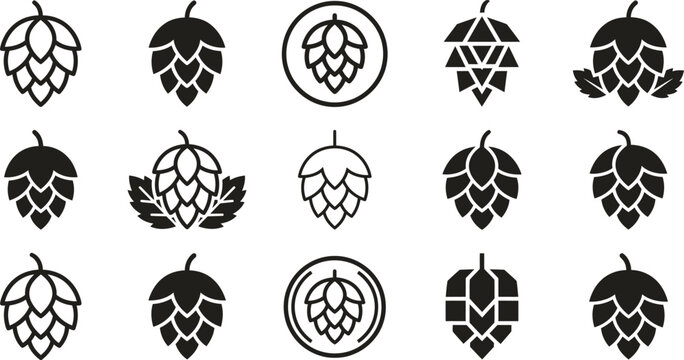 Black and white hop cone botanical icon collection with decorative geometric designs
