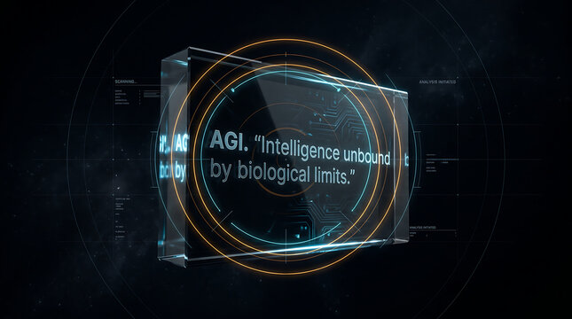 Futuristic Artificial General Intelligence Concept with Glowing Glass Monolith and Data Visualization Overlay
