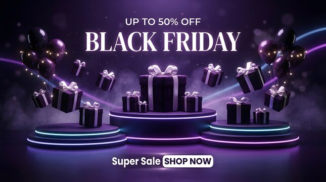 Black friday sale promotional banner with purple neon podiums, floating gift boxes, and balloons, offering up to 50% off with a shop now call to action