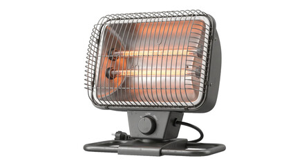 Gray portable electric halogen heater with glowing orange elements and a protective metal grid stands on a white background © no one