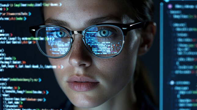 Young female programmer with blue eyes wears glasses. Digital code reflects in lenses as woman analyzes data on computer screen. Focused developer works on software coding in dark room. Expert coder