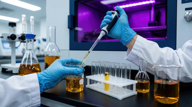 Clinical toxicologist uses micropipette to transfer liquid into glass beaker in lab. Scientist wearing blue gloves performs chemical testing with equipment. Research study focuses on toxic effects