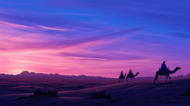 Silhouette of an Egyptian caravan of camel riders traveling through the vast desert dunes under a stunning purple and pink sunset sky, dramatic landscape view of traditional Middle Eastern travel