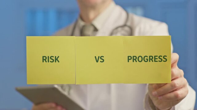 Medical professional evaluating the balance between risk and progress in modern medicine, possibly considering new technologies like artificial intelligence and innovative treatments