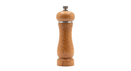 Single elegant wooden pepper mill with a silver top stands upright on a clean white background © no one