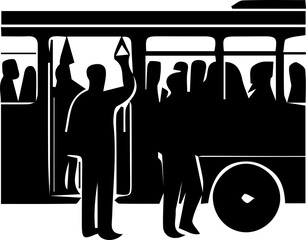 Silhouette passengers boarding public transport bus with wheel during daily rush. © Shahida