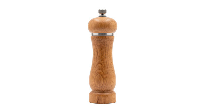 Single elegant wooden pepper mill with a silver top stands upright on a clean white background