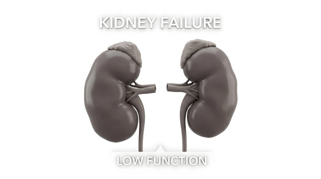 Medical 3D illustration of human kidneys with low function and failure
