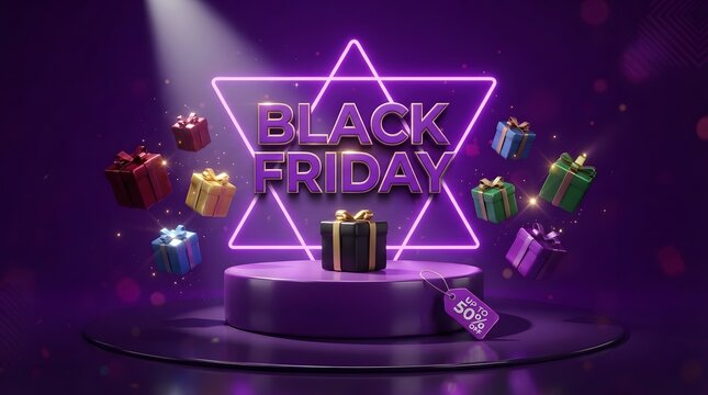 Black friday sale concept with 3d gift boxes on a purple podium, neon star background, and up to 50 percent off tag