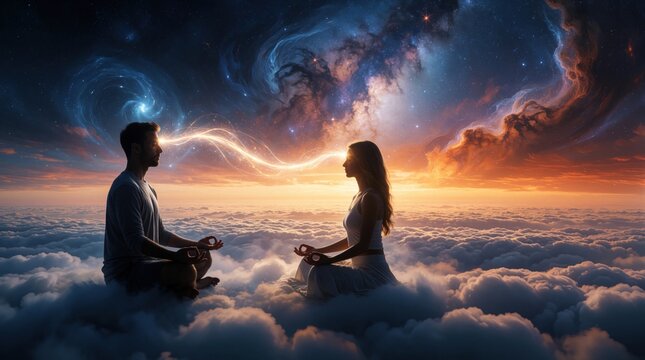 Man, woman sit in deep meditation on clouds. Spiritual energy beam connects minds under starry night sky. Two people experience telepathic bond, mental connection through cosmic light. Surreal