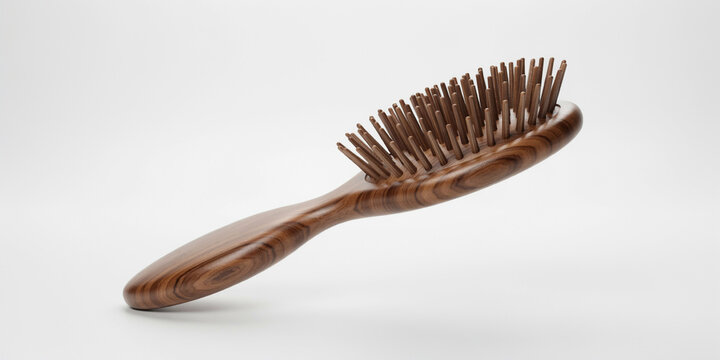 Wooden hair brush with a handle and natural bristles floating on a white background, for sustainable beauty, and hair care accessories