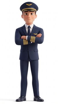 A 3D animated airline pilot standing proudly with arms crossed