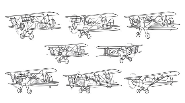 Vintage Biplane and Propeller Plane Line Art Vector Set