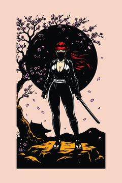 Female Ninja Under the Full Moon &ndash; Female Warrior with a Sword Illustrator Artwork Design Template Poster