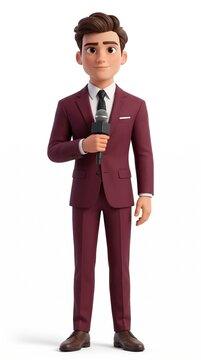 3D cartoon man in a burgundy suit holding a microphone for an interview
