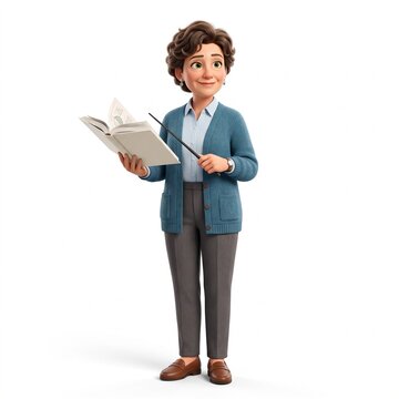 3D cartoon teacher holding an open book and pointing stick isolated on white