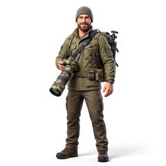 Fototapeta premium Wildlife photographer with professional camera and telephoto lens outdoors