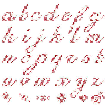 Lowercase Cursive Cross Stitch Alphabet Complete Set from A to Z in Embroidered Style