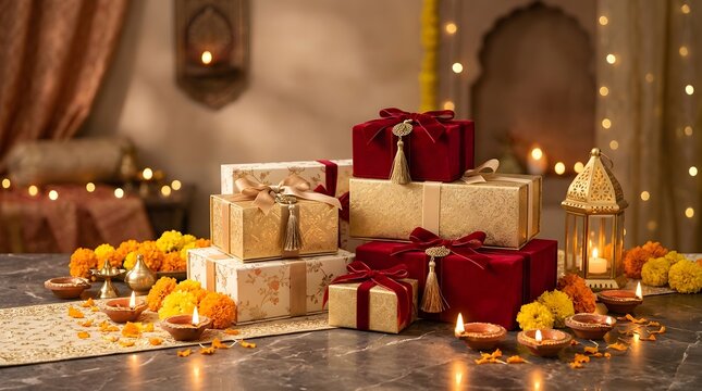 Celebrating the festival of lights a radiant diwali scene with gifts lamps and the warmth of tradition