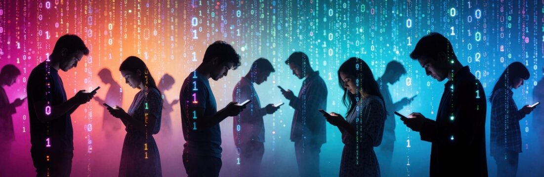 People engrossed in smartphones with digital code rain around them, suggesting disconnectedness despite virtual communication. Anonymous users navigate online worlds, ignoring physical surroundings.