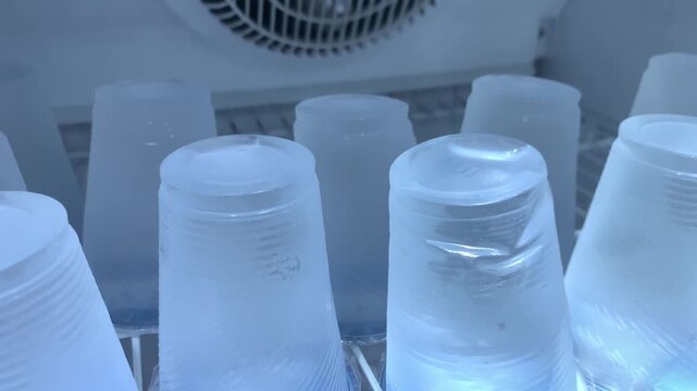 Frosty Plastic Cups in Refrigerator Showcase&mdash;Ideal for Beverage and Hospitality Content