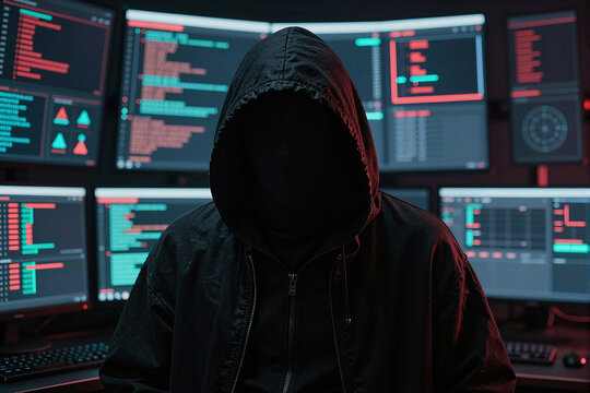 A mysterious hacker wearing a black hoodie, face completely hidden in shadow. Standing in front of a wall of multiple computer monitors displaying complex code, data graphs, and red warning alerts.